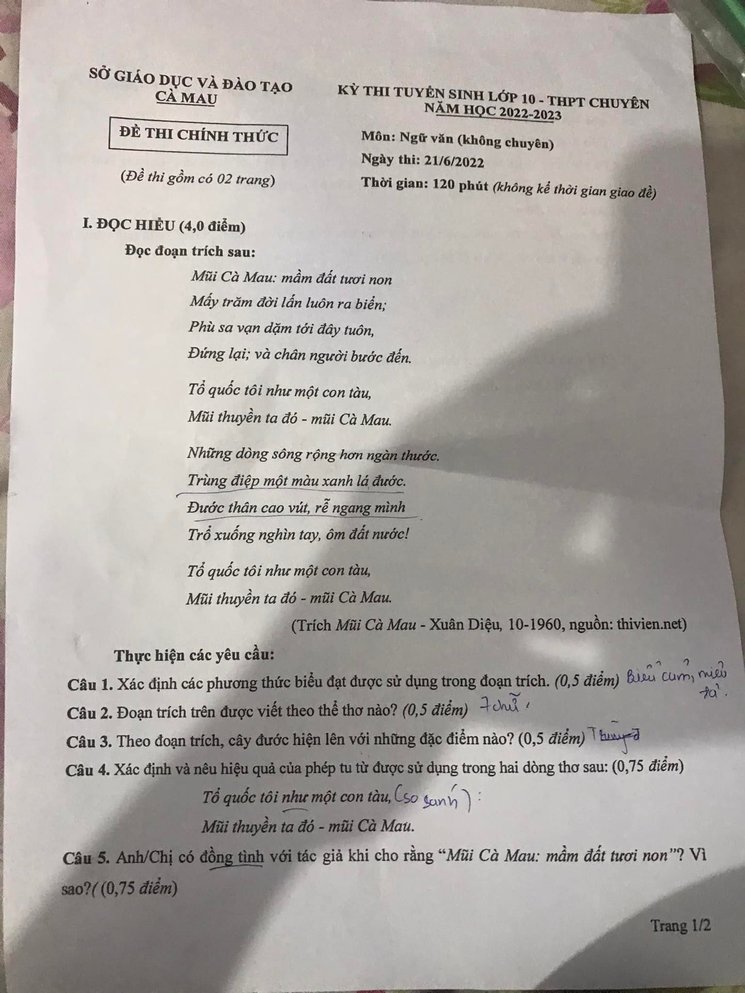 Đề thi vào 10 môn Văn Cà Mau 2022