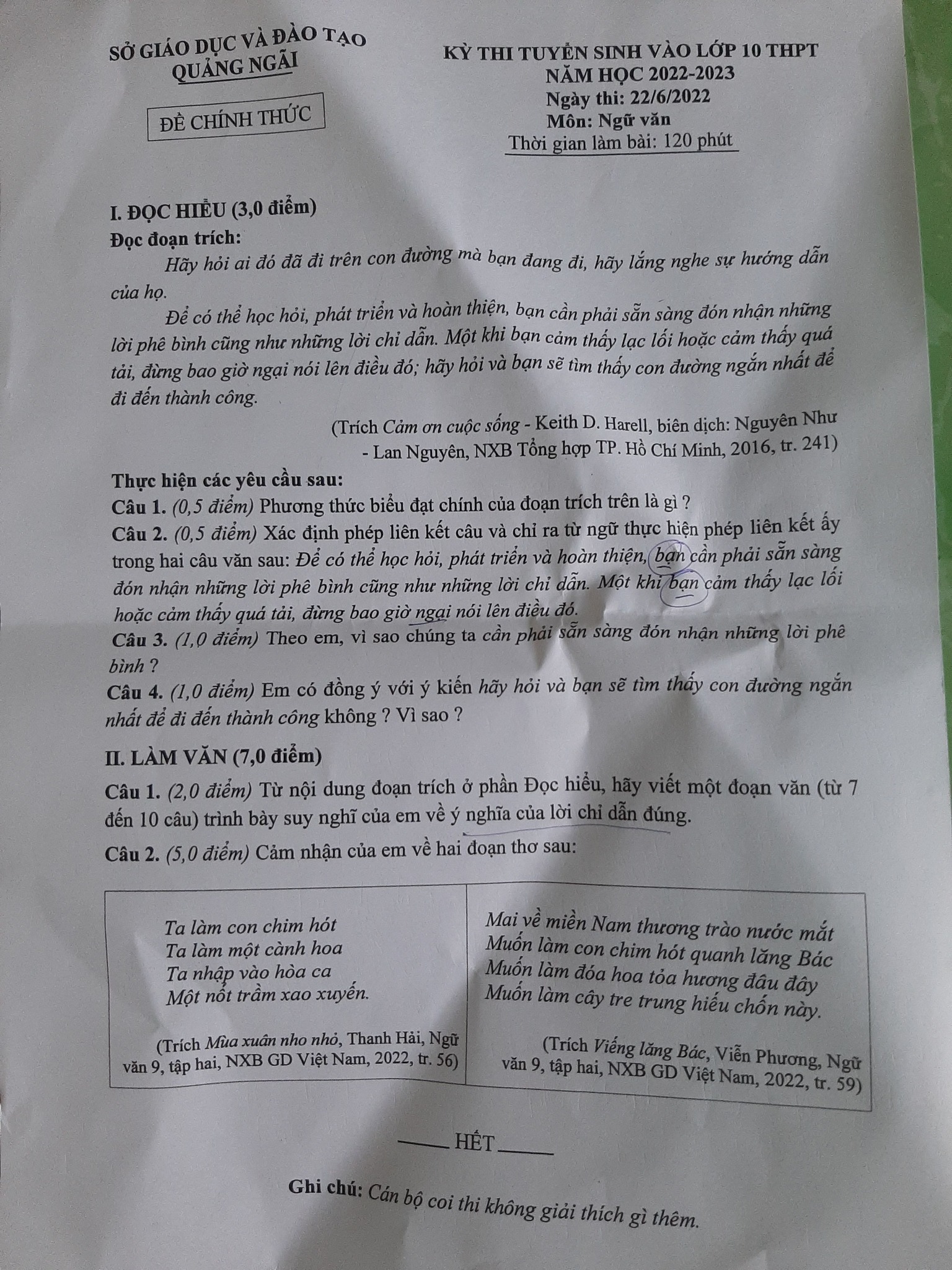 Đề tuyển sinh vào lớp 10 môn Văn Quảng Ngãi 2022