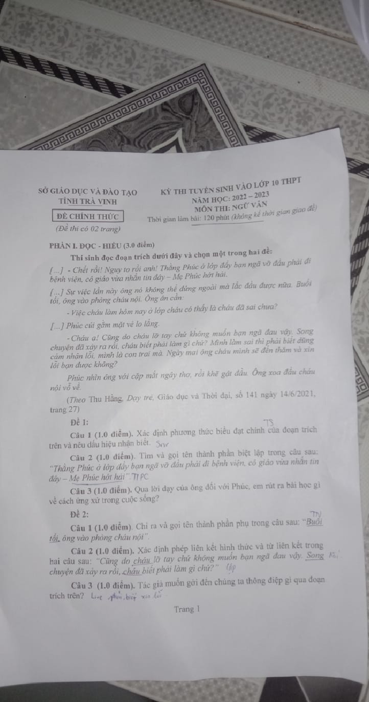 Đề tuyển sinh vào lớp 10 môn Văn Trà Vinh 2022 