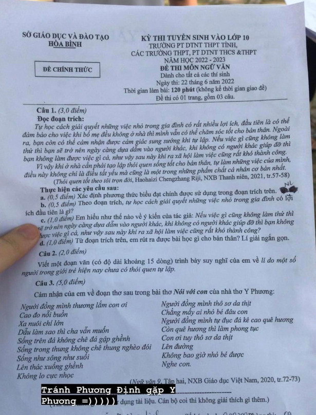 Đề thi môn Ngữ văn vào lớp 10 Hòa Bình năm 2022