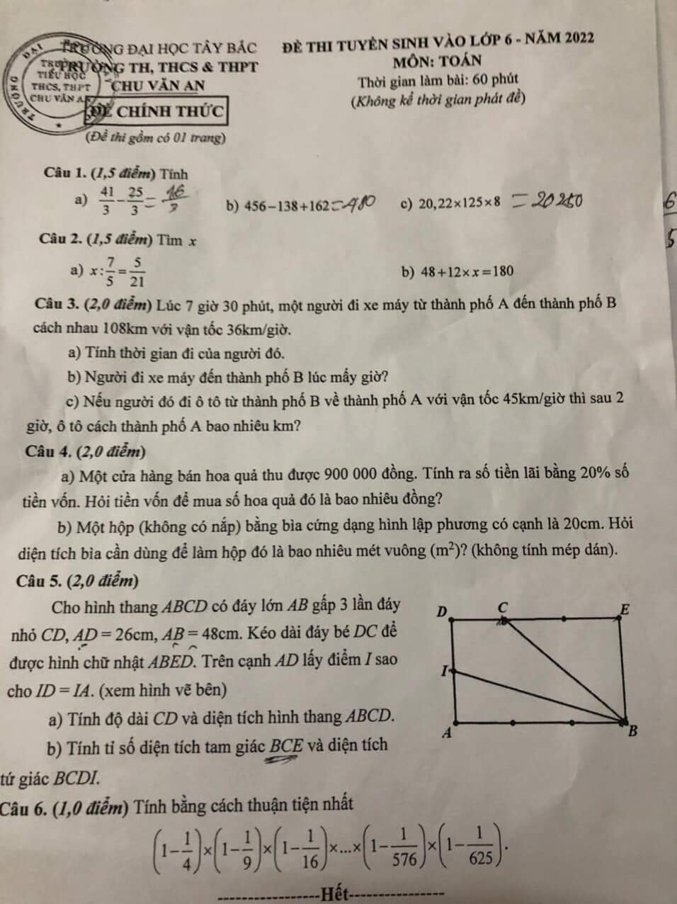Đề thi vào lớp 6 môn Toán 2022