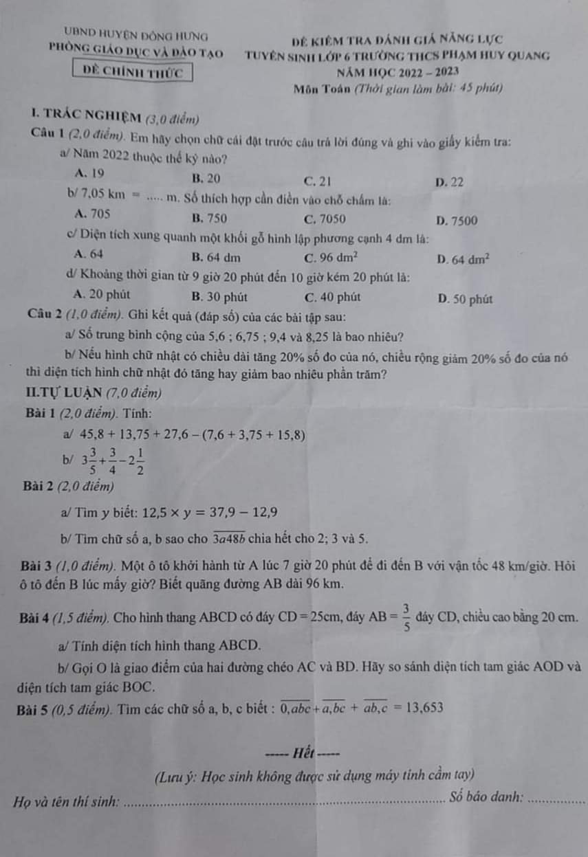 Đề thi vào lớp 6 môn Toán 2022