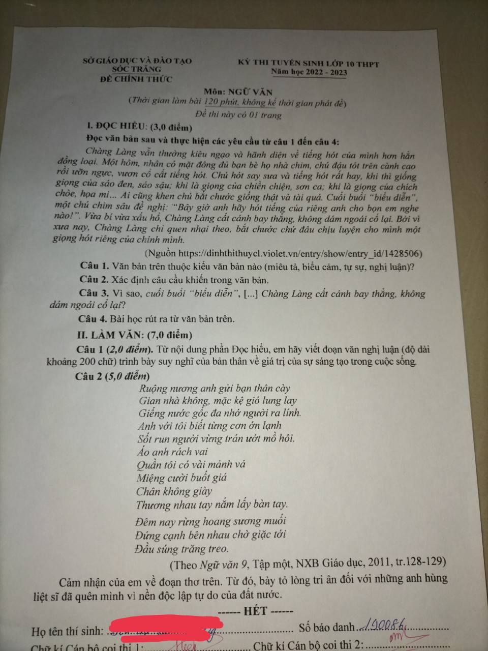 Đề tuyển sinh vào lớp 10 môn Văn Sóc Trăng 2022