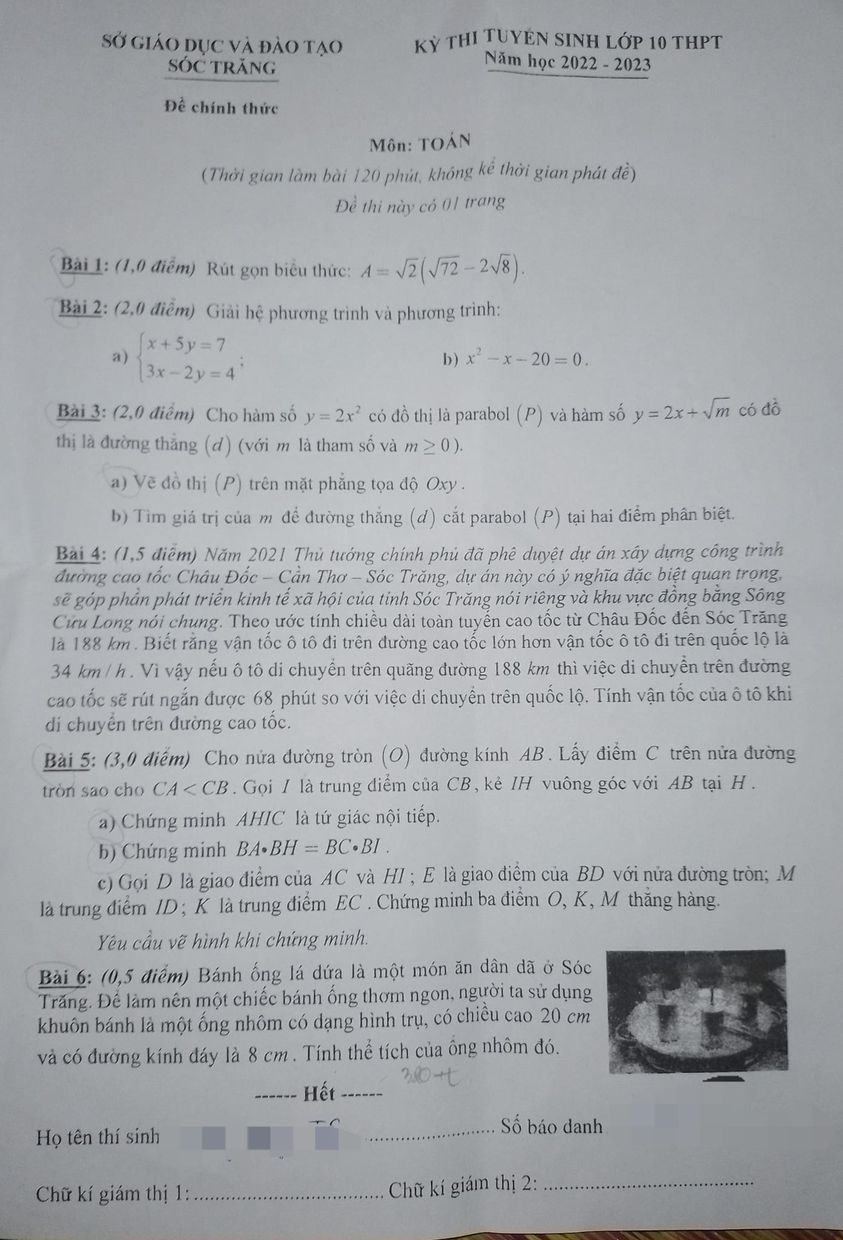 Đề thi vào 10 Toán Sóc Trăng 2022