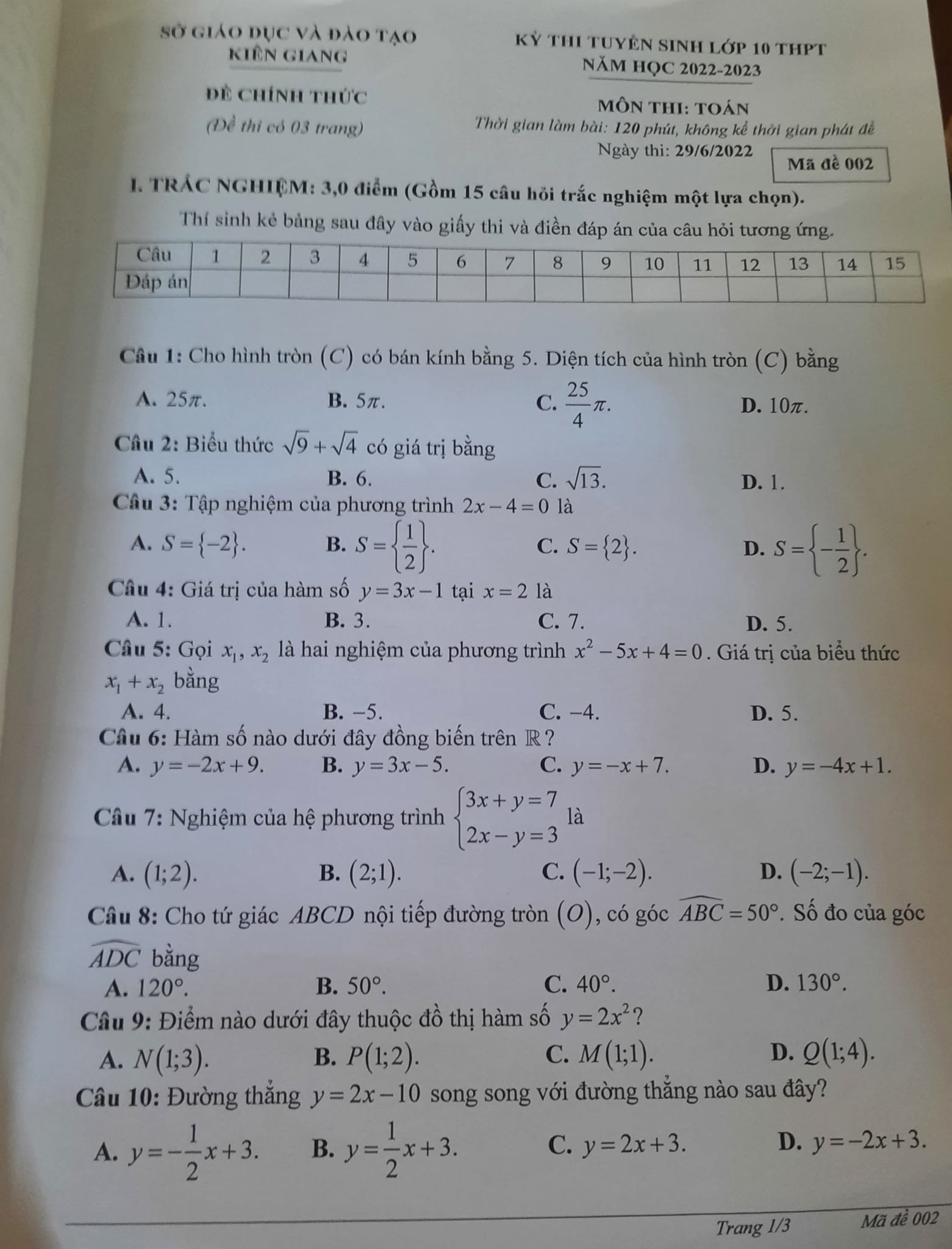 Đề thi môn Toán vào lớp 10 Kiên Giang 2022