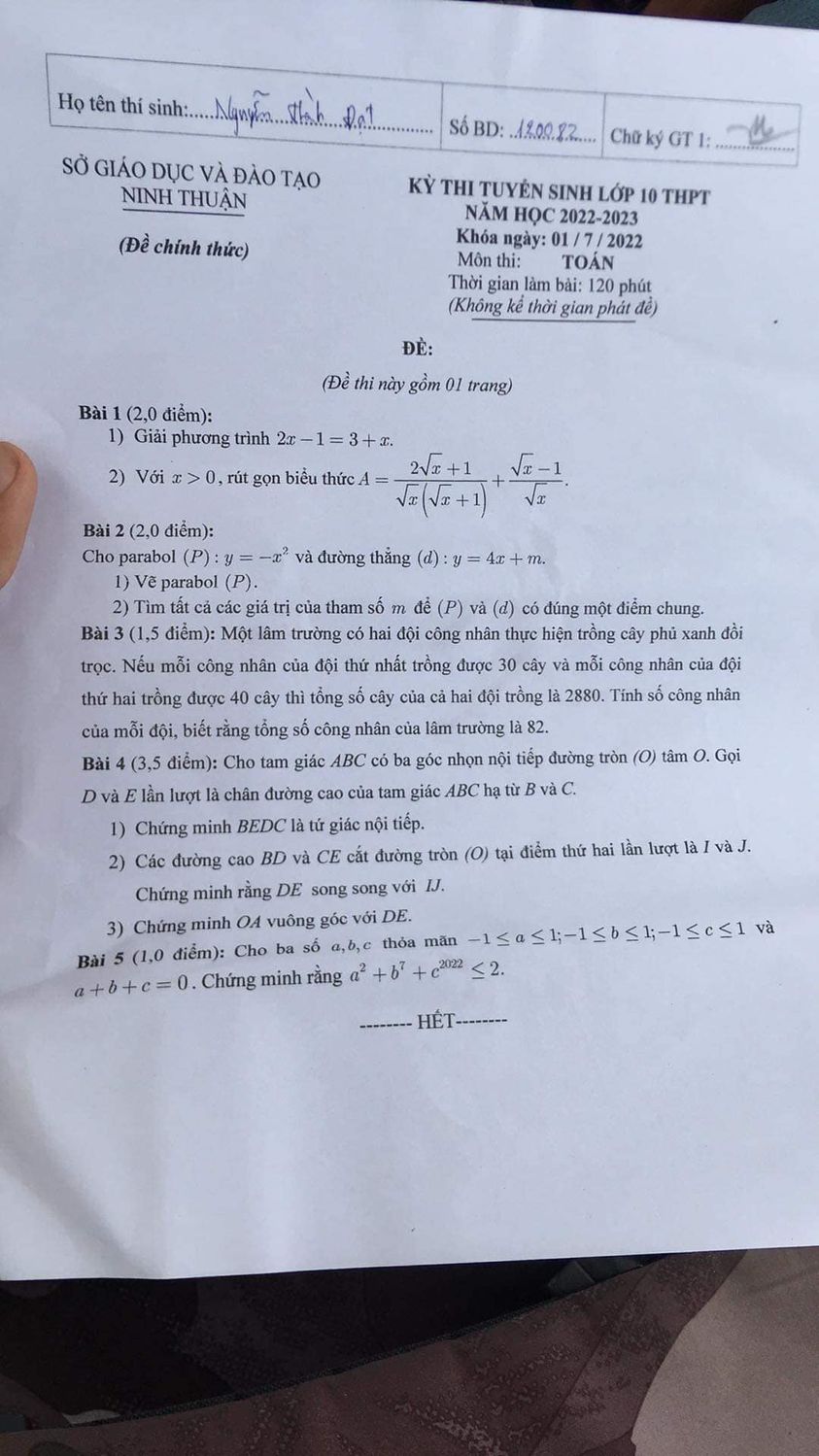 Đề thi vào 10 môn Toán Ninh Thuận 2022