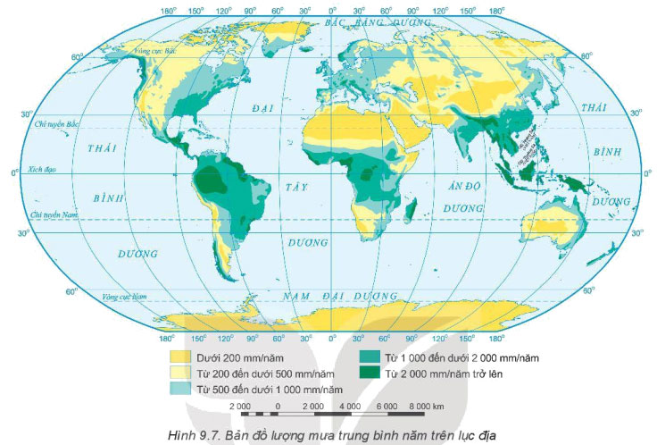 Dựa vào thông tin trong mục b và hình 9.7 hãy nhận xét khái quát về sự phân bố lượng mưa