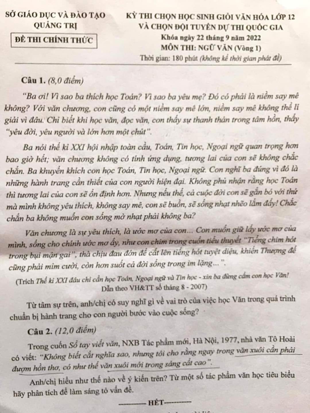 Đề thi chọn học sinh giỏi môn Văn 12