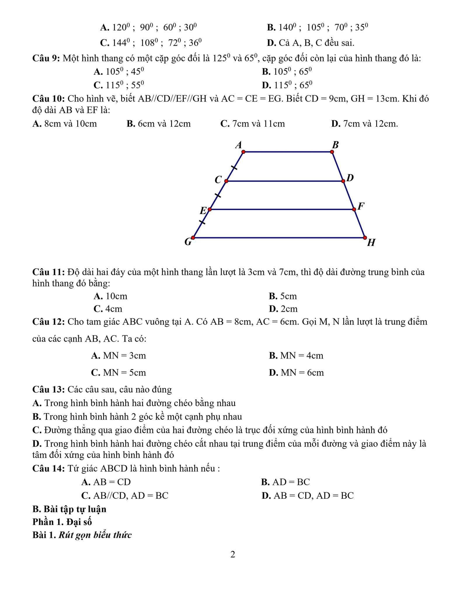 Đề cương ôn tập giữa kì 1 lớp 8 môn Toán