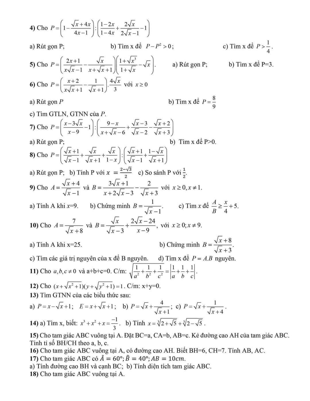 Đề cương ôn tập Toán 9 giữa học kì 1