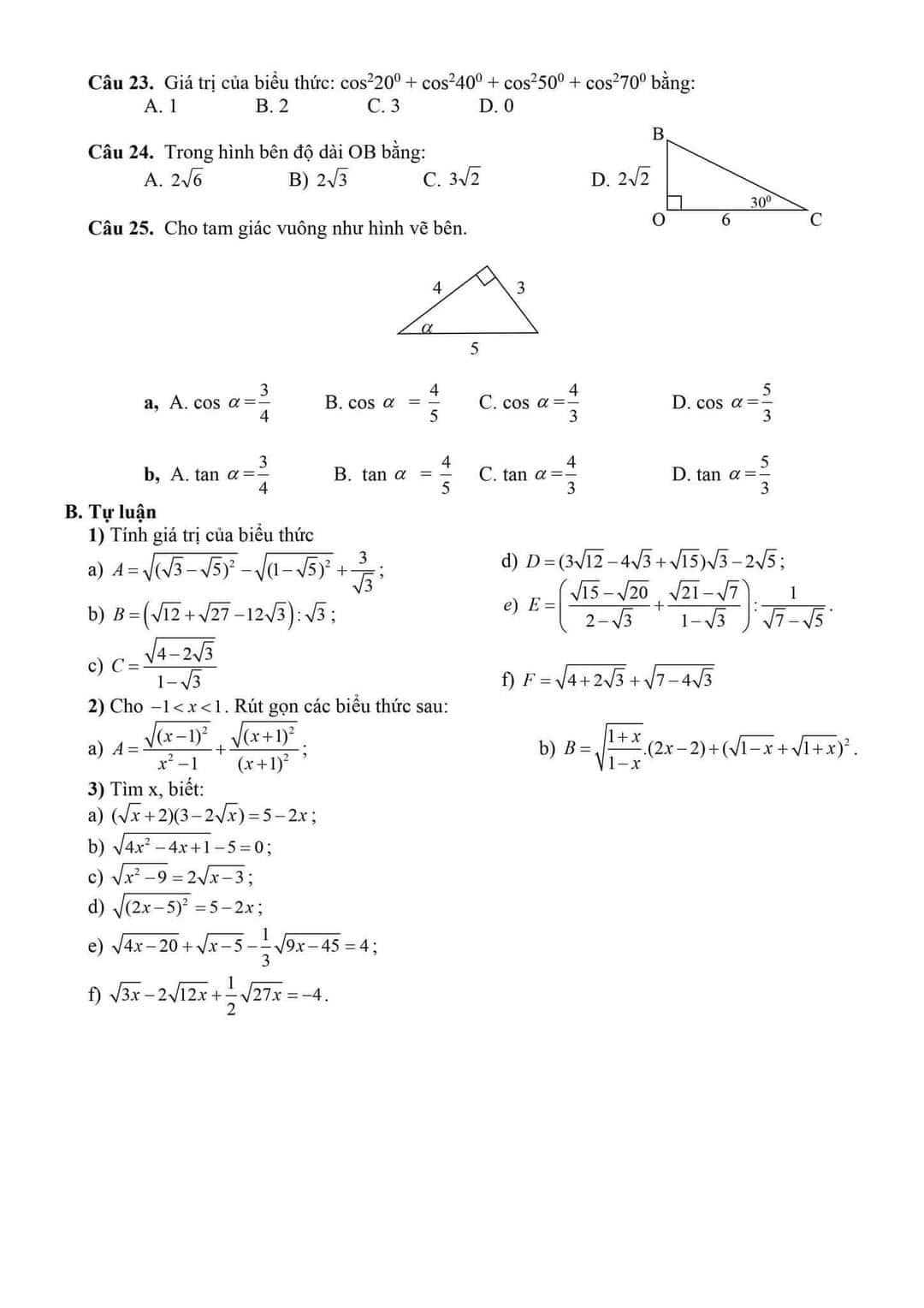 Đề cương ôn tập Toán 9 giữa học kì 1