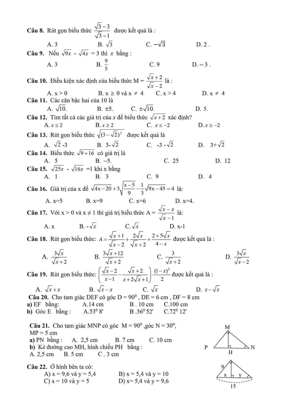 Đề cương ôn tập Toán 9 giữa học kì 1