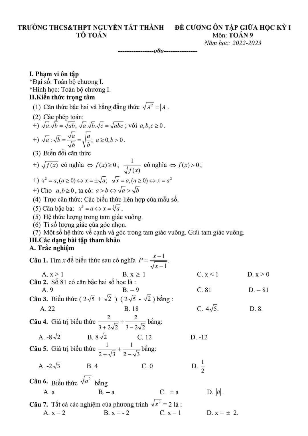 Đề cương ôn tập Toán 9 giữa học kì 1