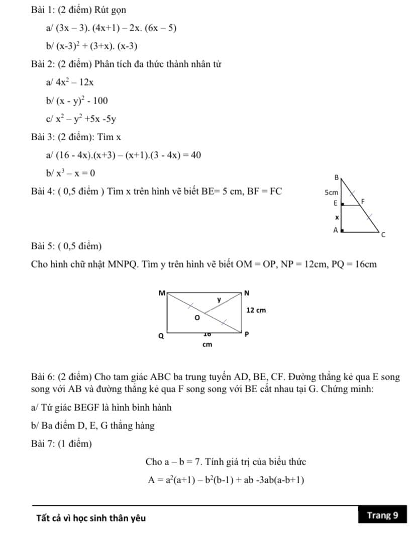 Đề cương ôn tập giữa kì 1 lớp 8 môn Toán