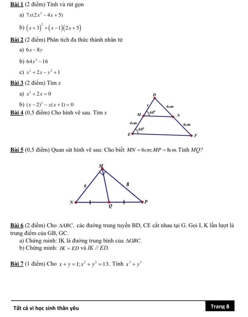 Đề cương ôn tập giữa kì 1 lớp 8 môn Toán
