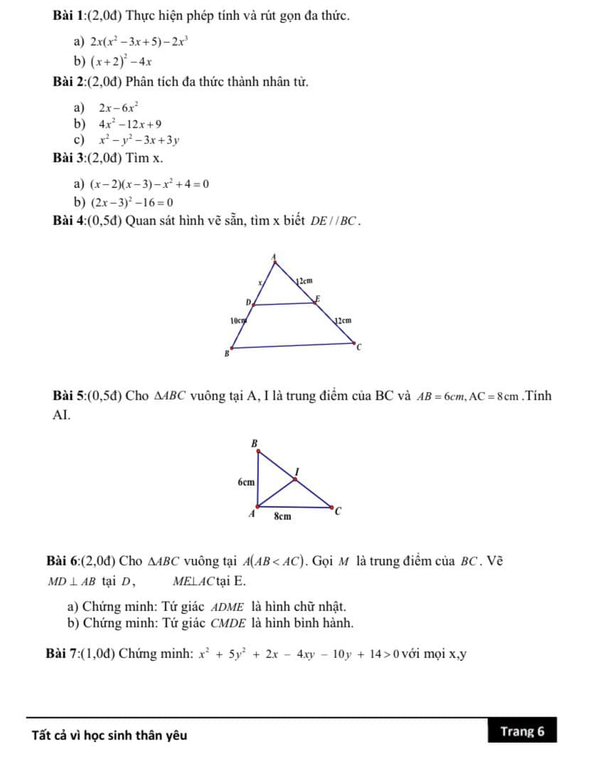 Đề cương ôn tập giữa kì 1 lớp 8 môn Toán
