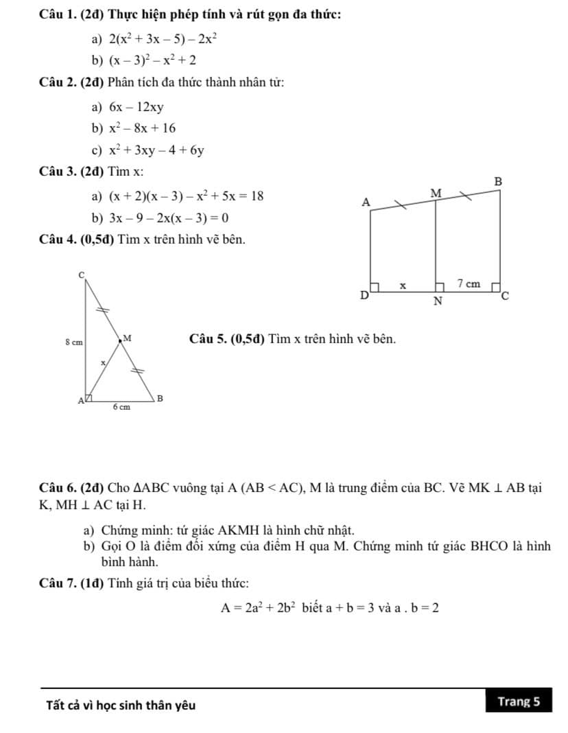 Đề cương ôn tập giữa kì 1 lớp 8 môn Toán