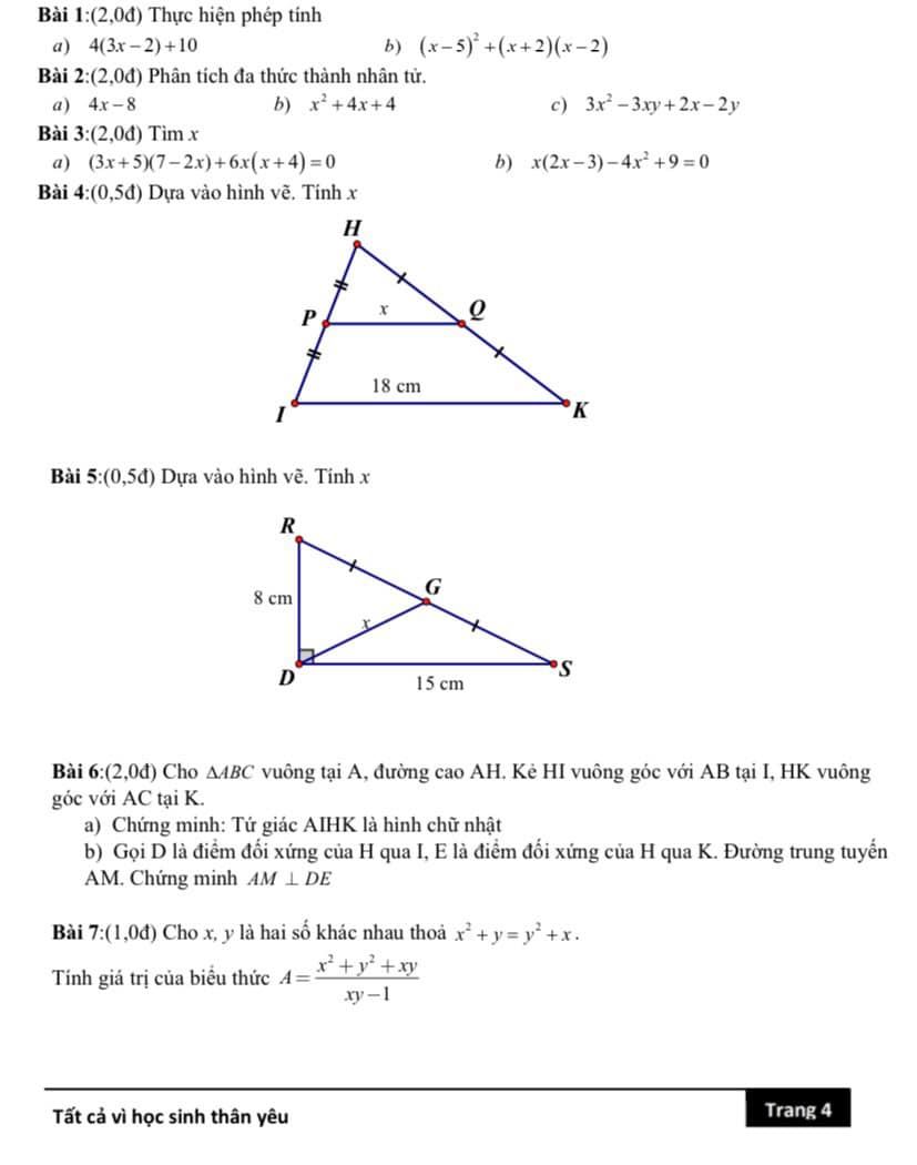 Đề cương ôn tập giữa kì 1 lớp 8 môn Toán