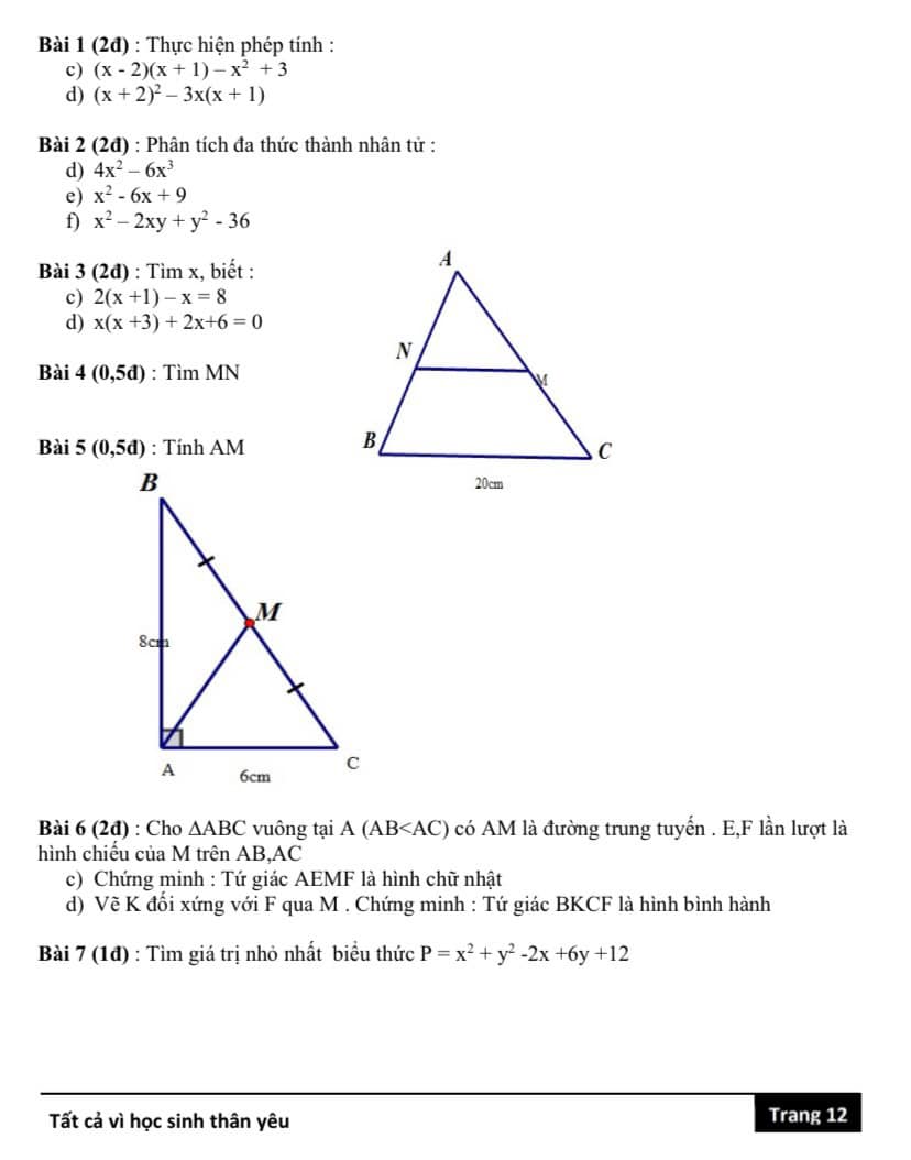 Đề cương ôn tập giữa kì 1 lớp 8 môn Toán