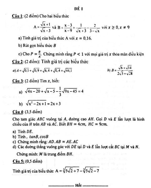 Đề cương ôn tập giữa kì 1 lớp 9 môn Toán