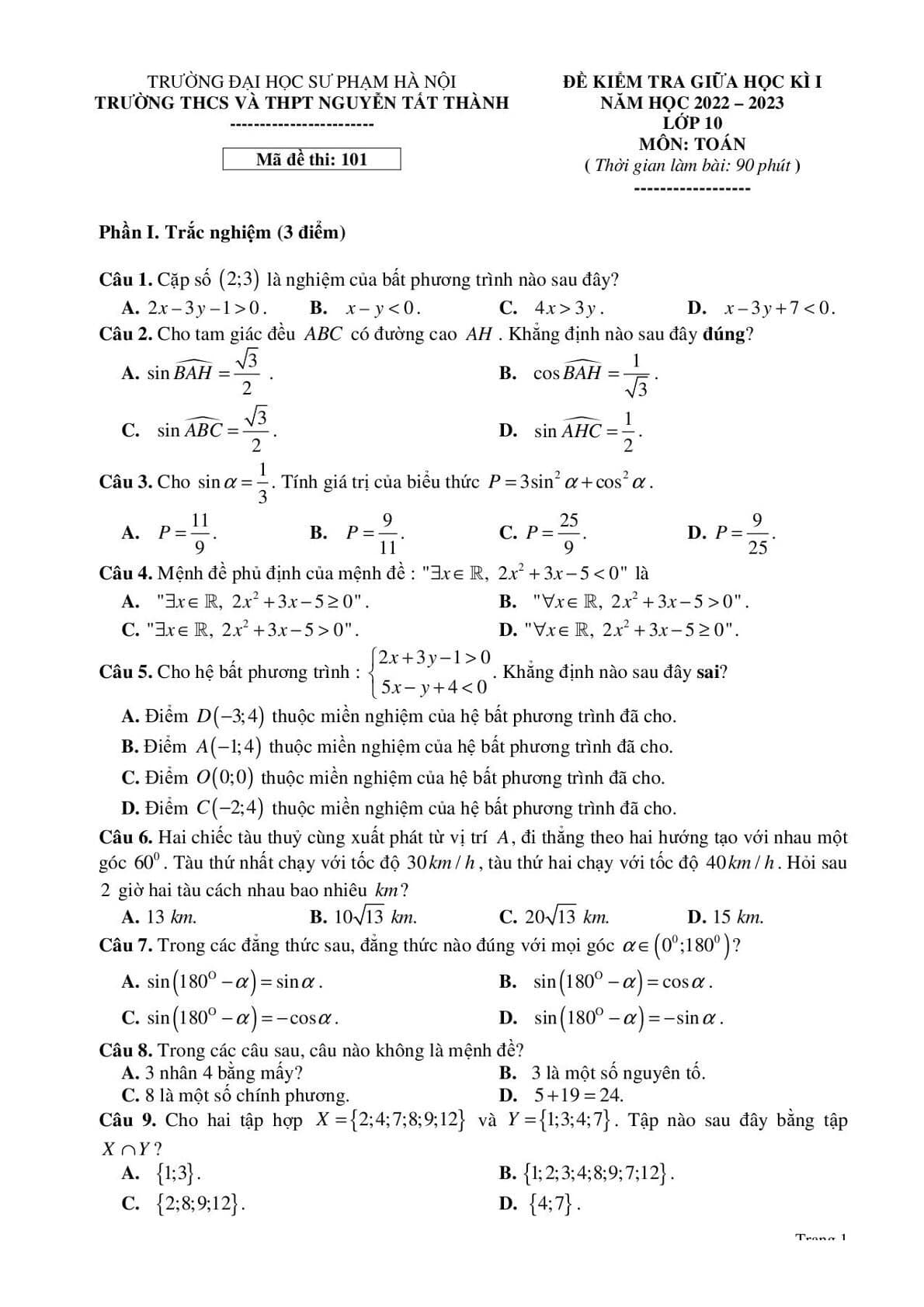 Đề giữa kì 1 Toán 10