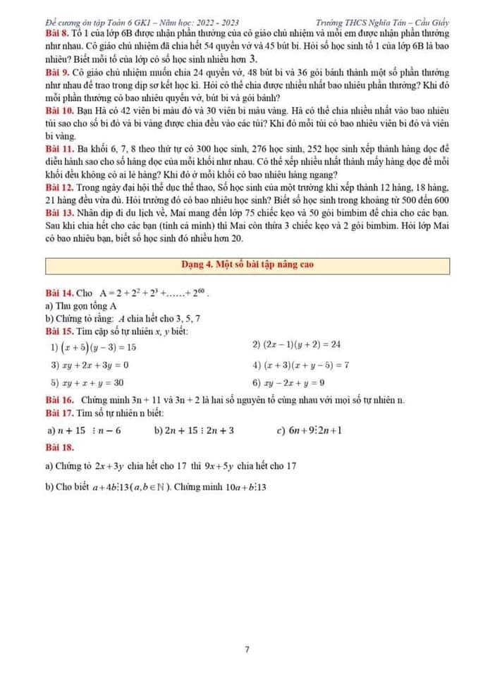 Đề cương ôn tập giữa kì 1 lớp 6 môn Toán