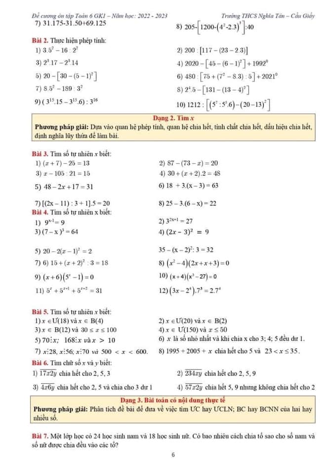 Đề cương ôn tập giữa kì 1 lớp 6 môn Toán