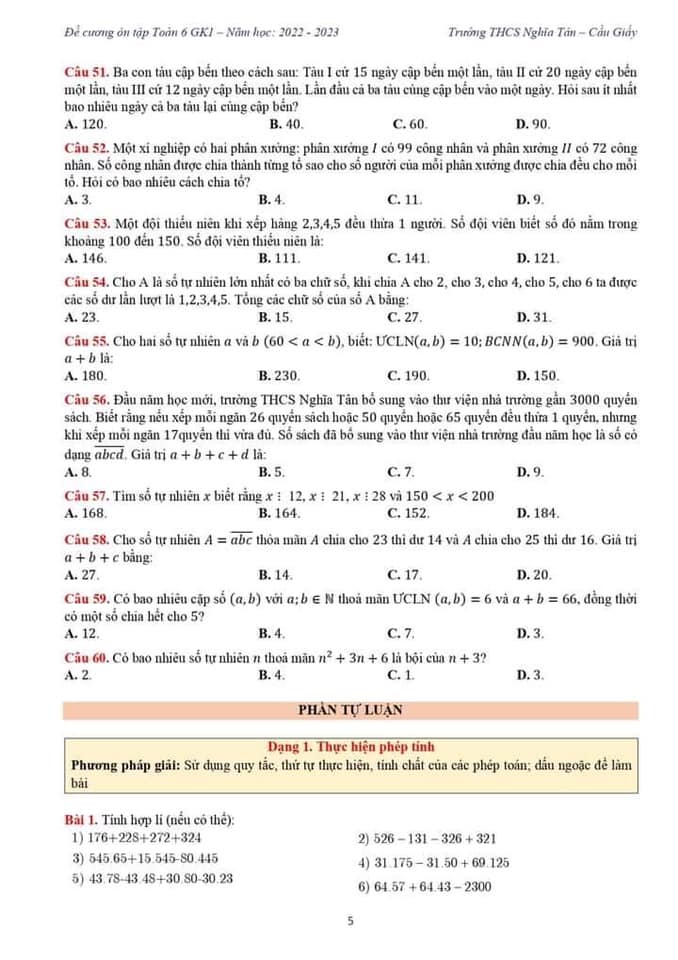 Đề cương ôn tập giữa kì 1 lớp 6 môn Toán