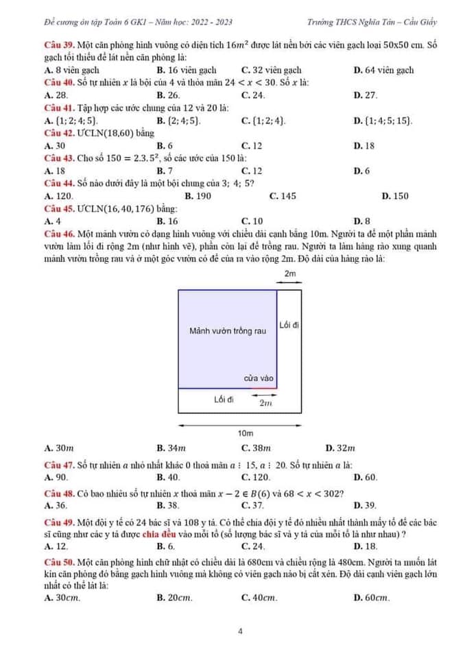 Đề cương ôn tập giữa kì 1 lớp 6 môn Toán