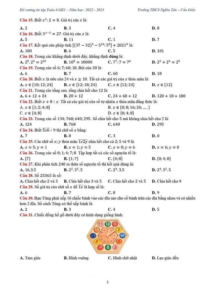 Đề cương ôn tập giữa kì 1 lớp 6 môn Toán