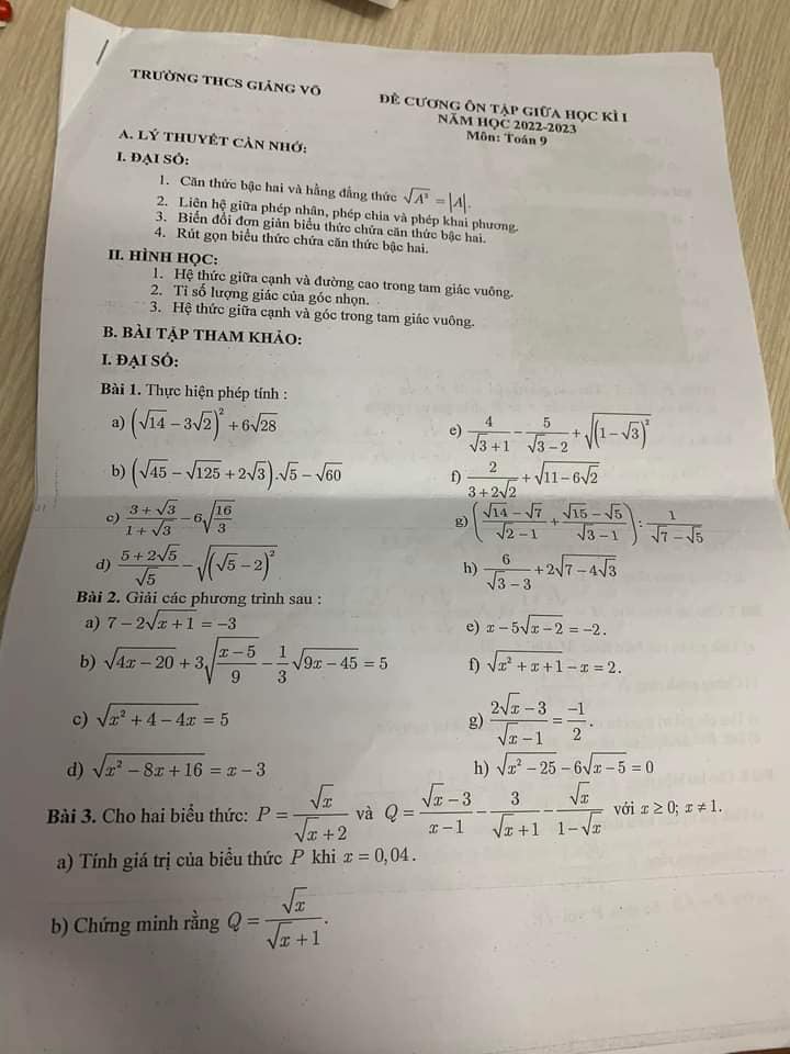 Đề cương ôn tập giữa kì 1 lớp 9 môn Toán