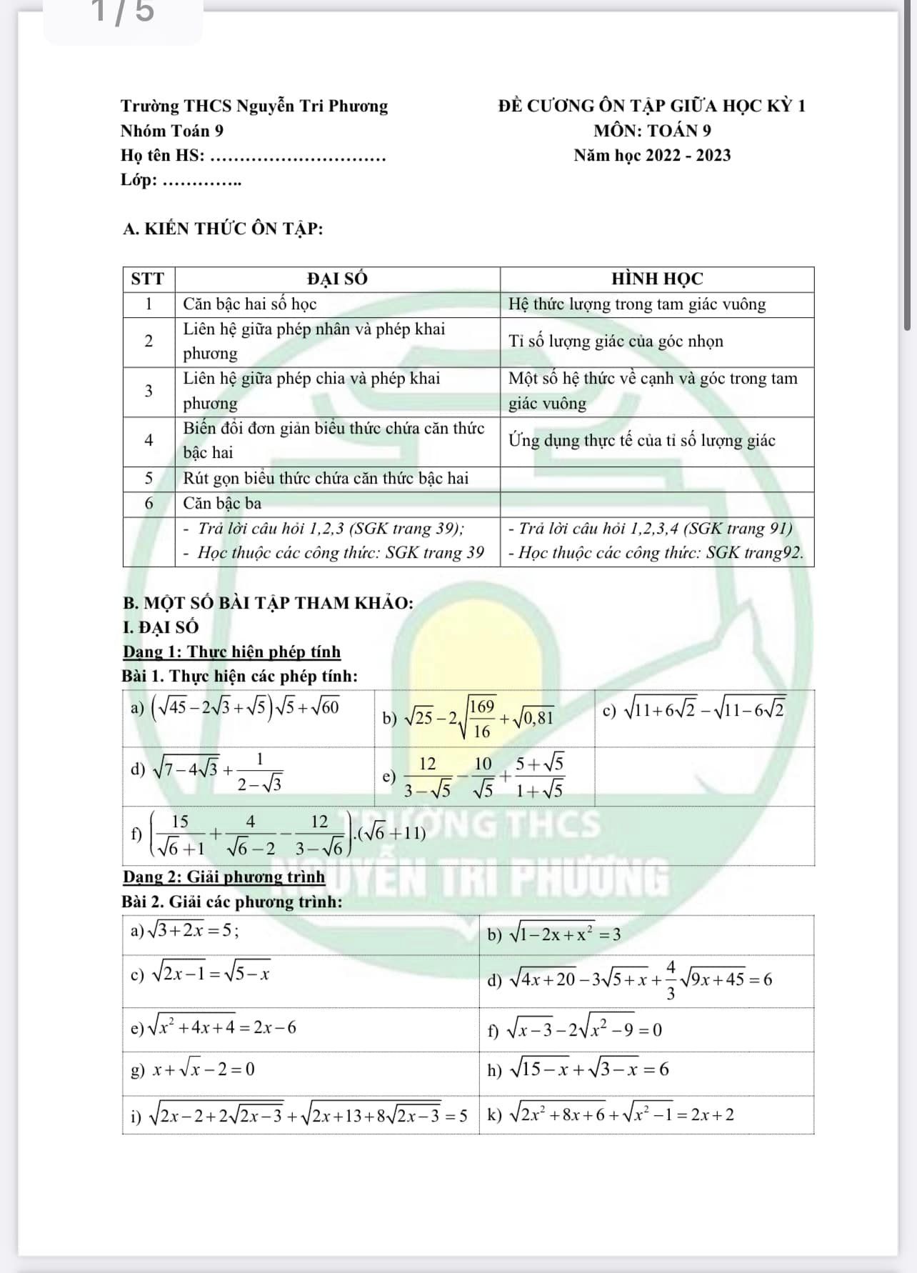 Đề cương ôn tập giữa kì 1 lớp 9 môn Toán
