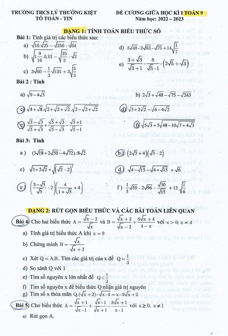 Đề cương ôn tập giữa kì 1 lớp 9 môn Toán