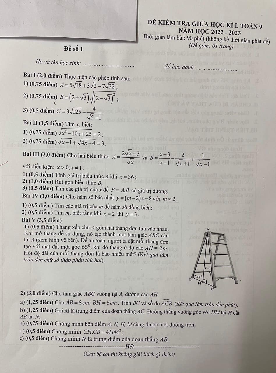 Đề kiểm tra giữa kì 1 lớp 9 môn Toán