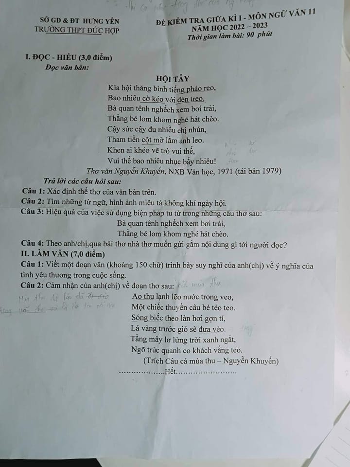 Đề thi giữa kì 1 lớp 11 môn Văn