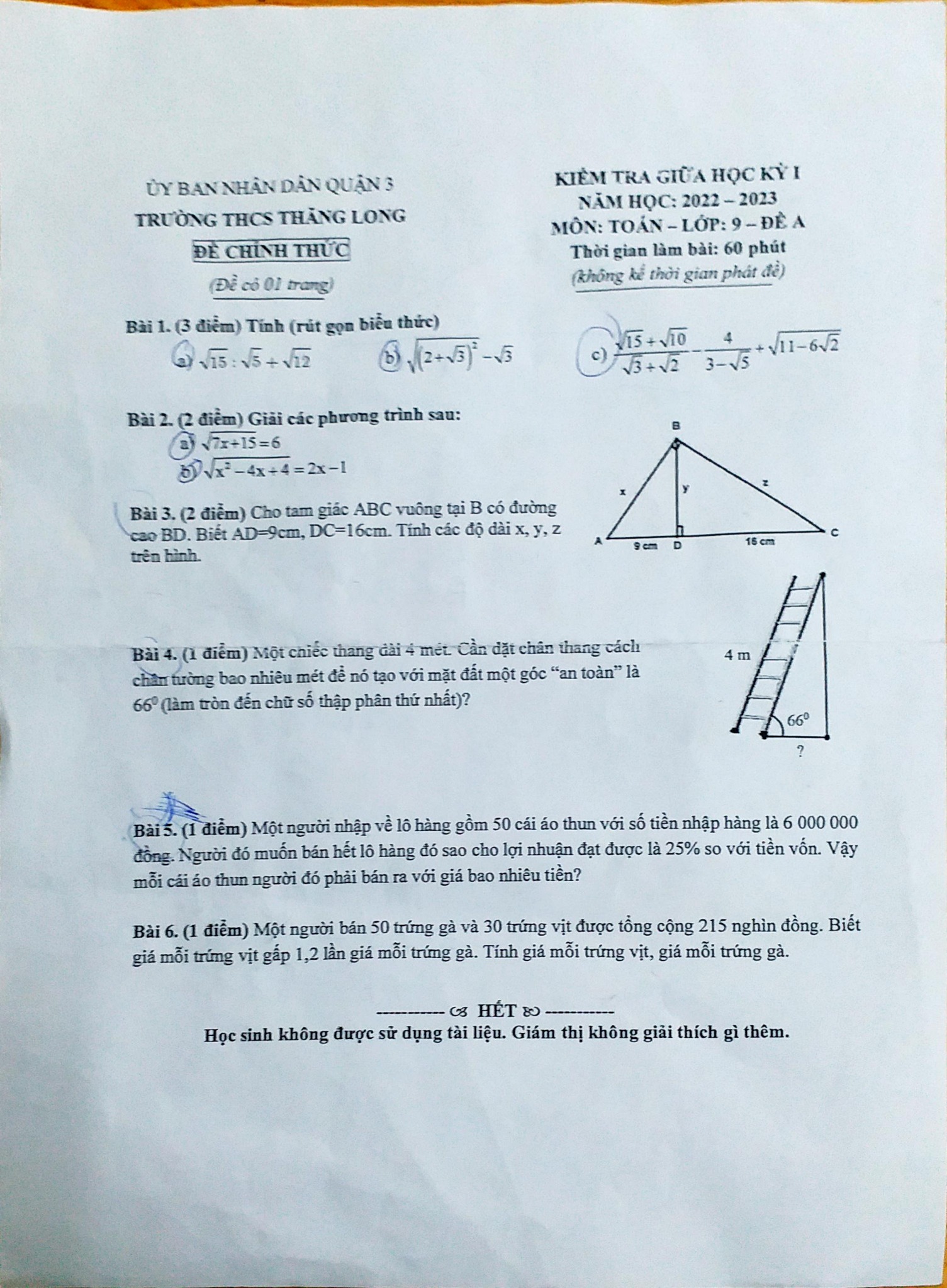 Đề thi giữa học kì 1 Toán 9