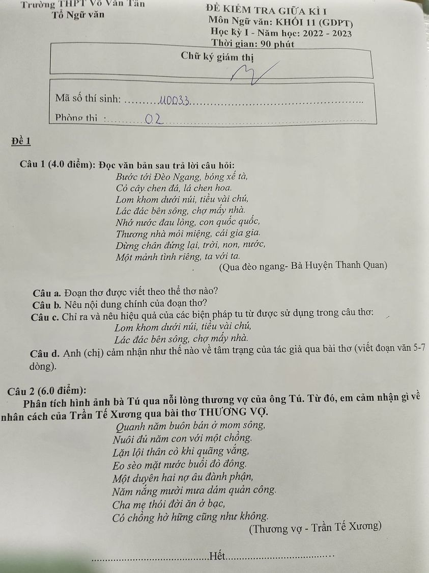 Đề thi giữa kì 1 lớp 11 môn Văn