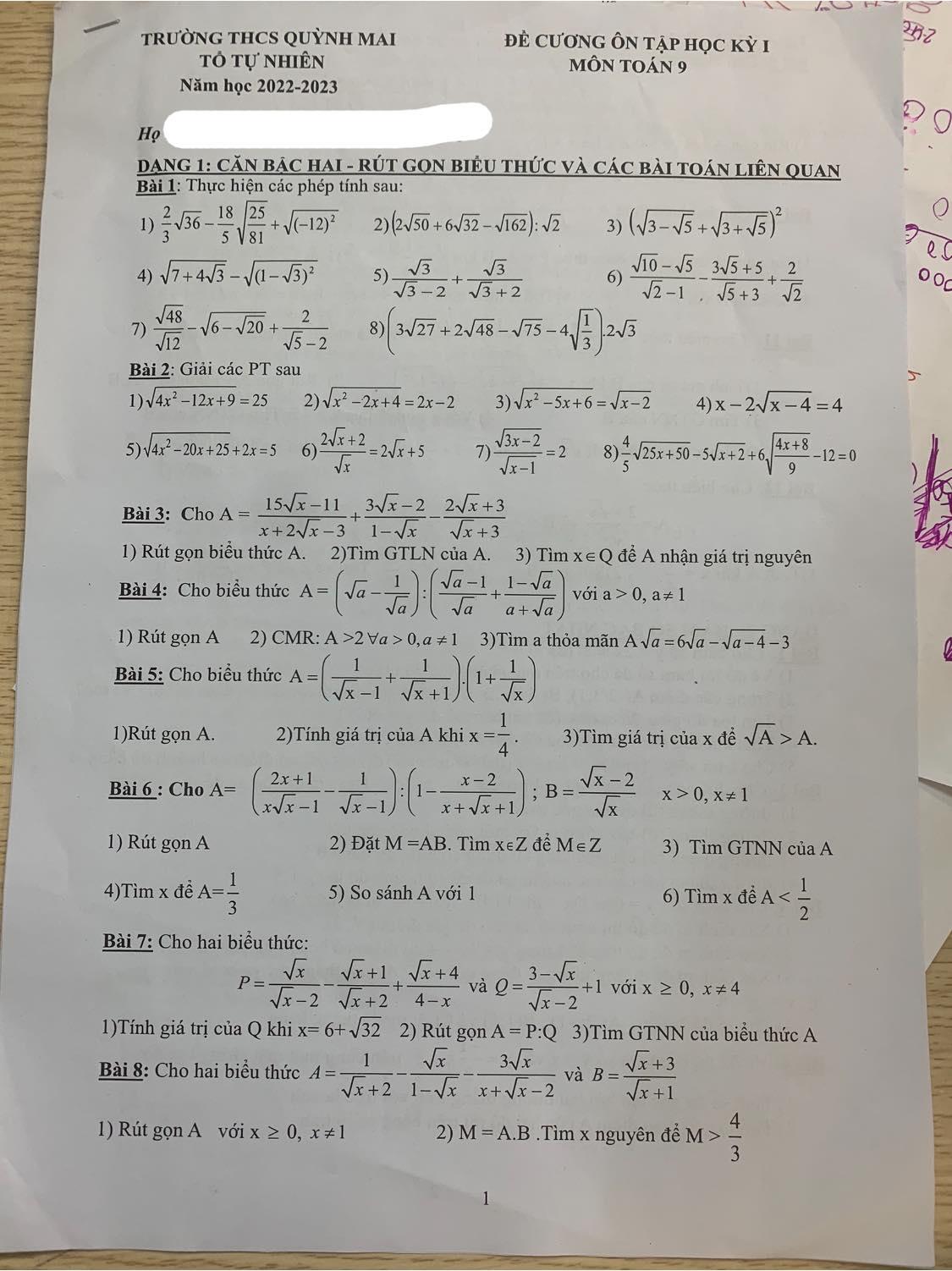 Đề cương ôn học kì 1 Toán 9