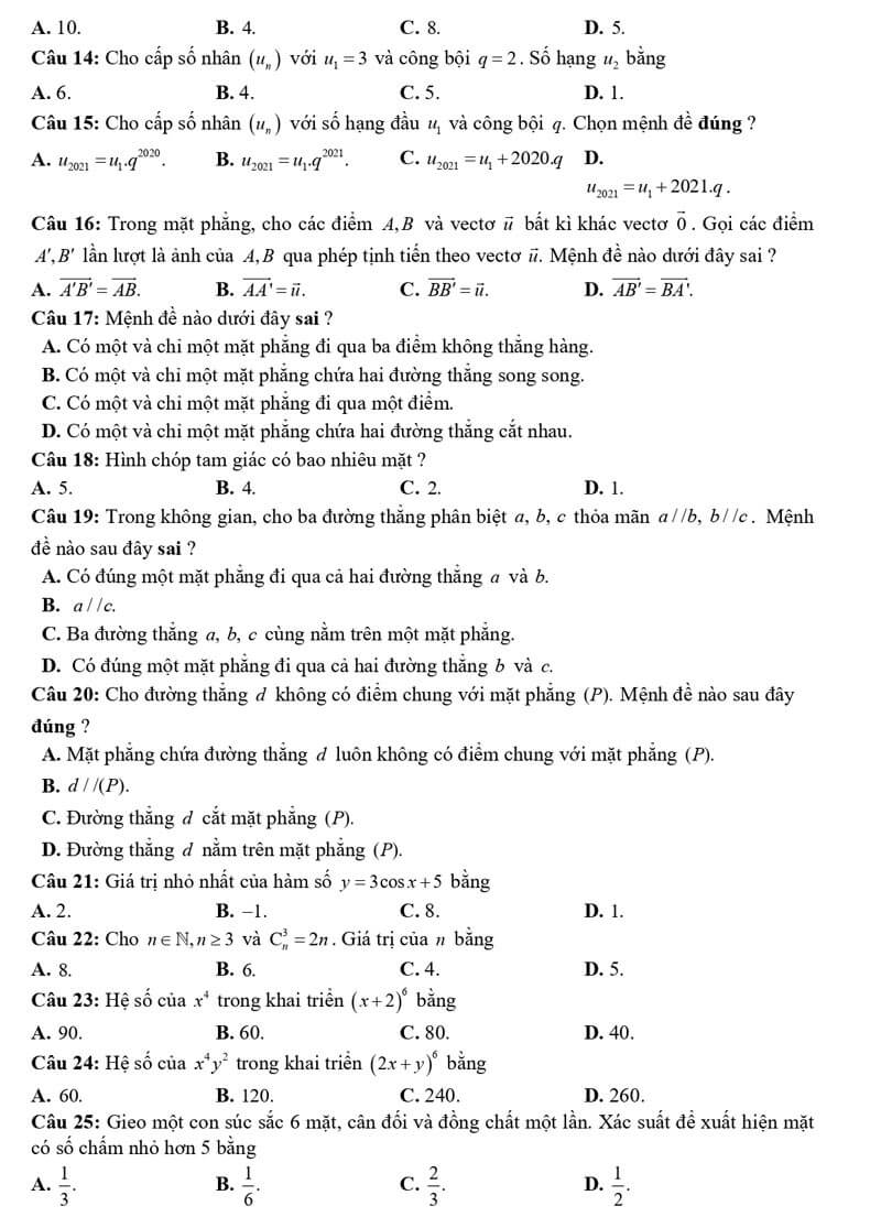 Đề thi học kì 1 Toán 11